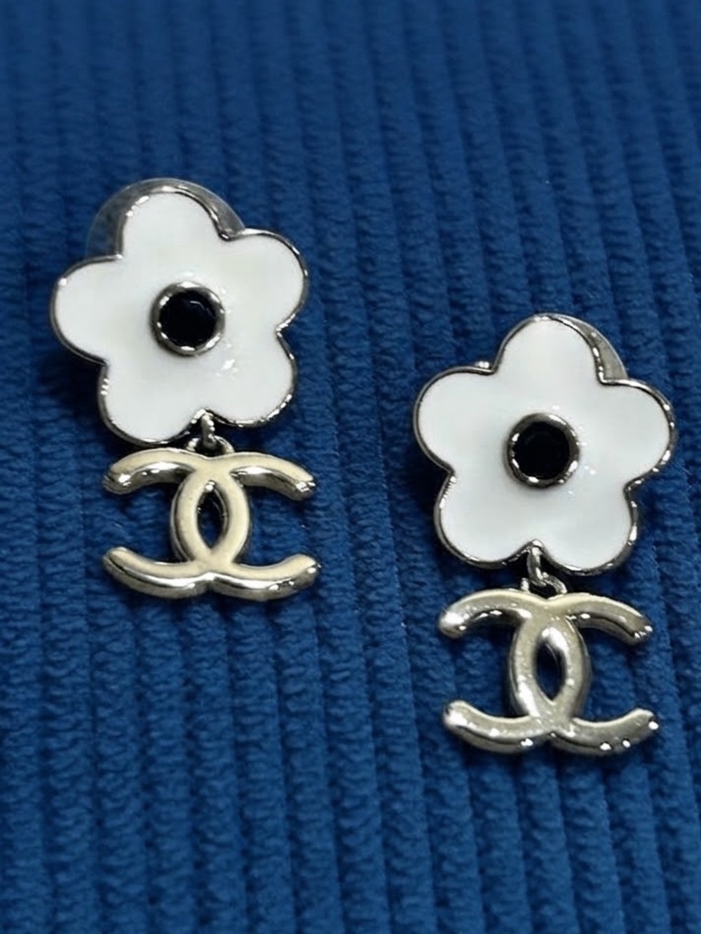 White Flower Drop Charm Earrings with Black Center and Silver Tone Letter C